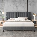 Heavy Duty Upholstered Bed with Adjustable Headboard & Wood Slats Supports/King