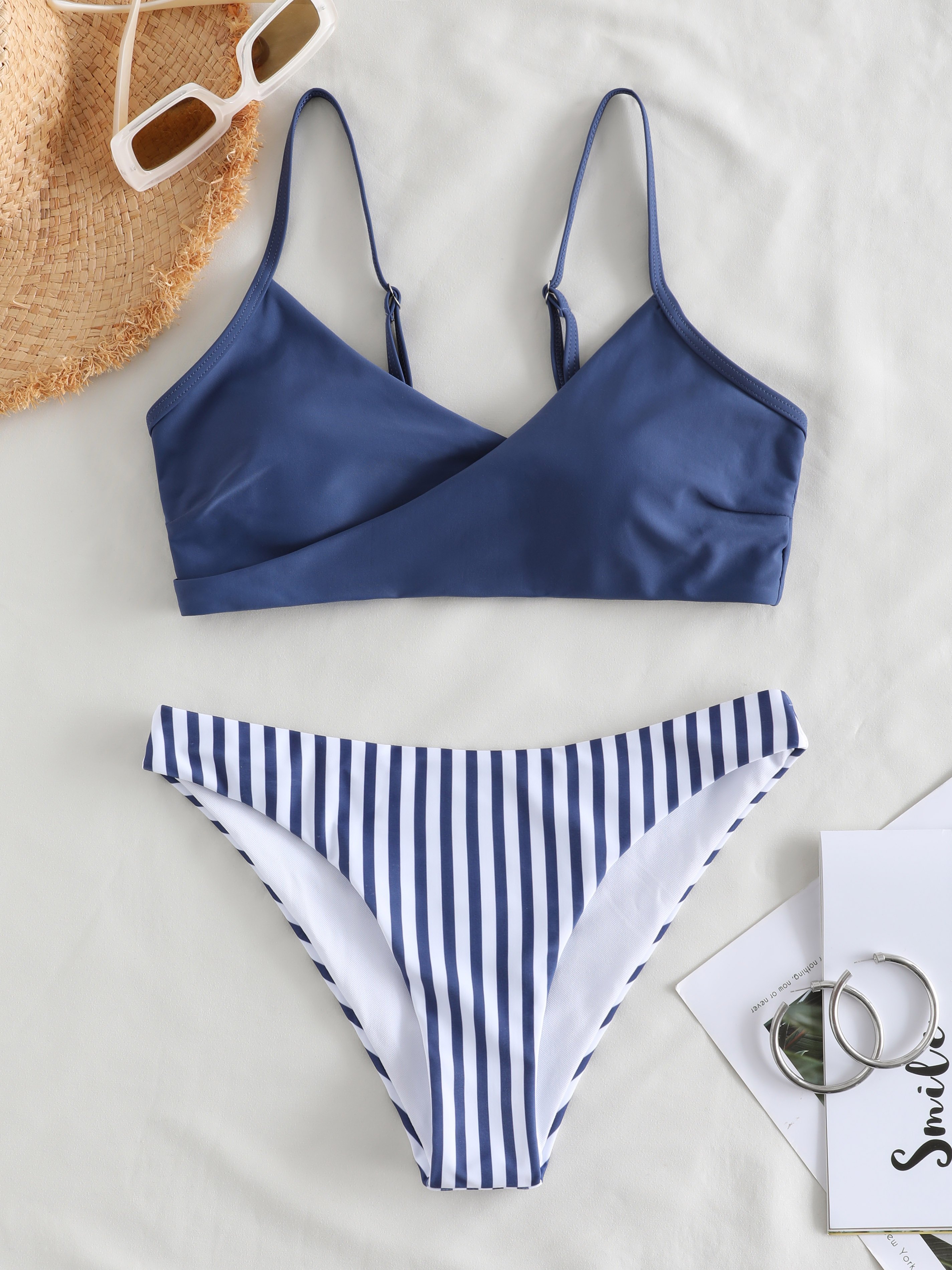 Stripe Print Surplice String Bikini