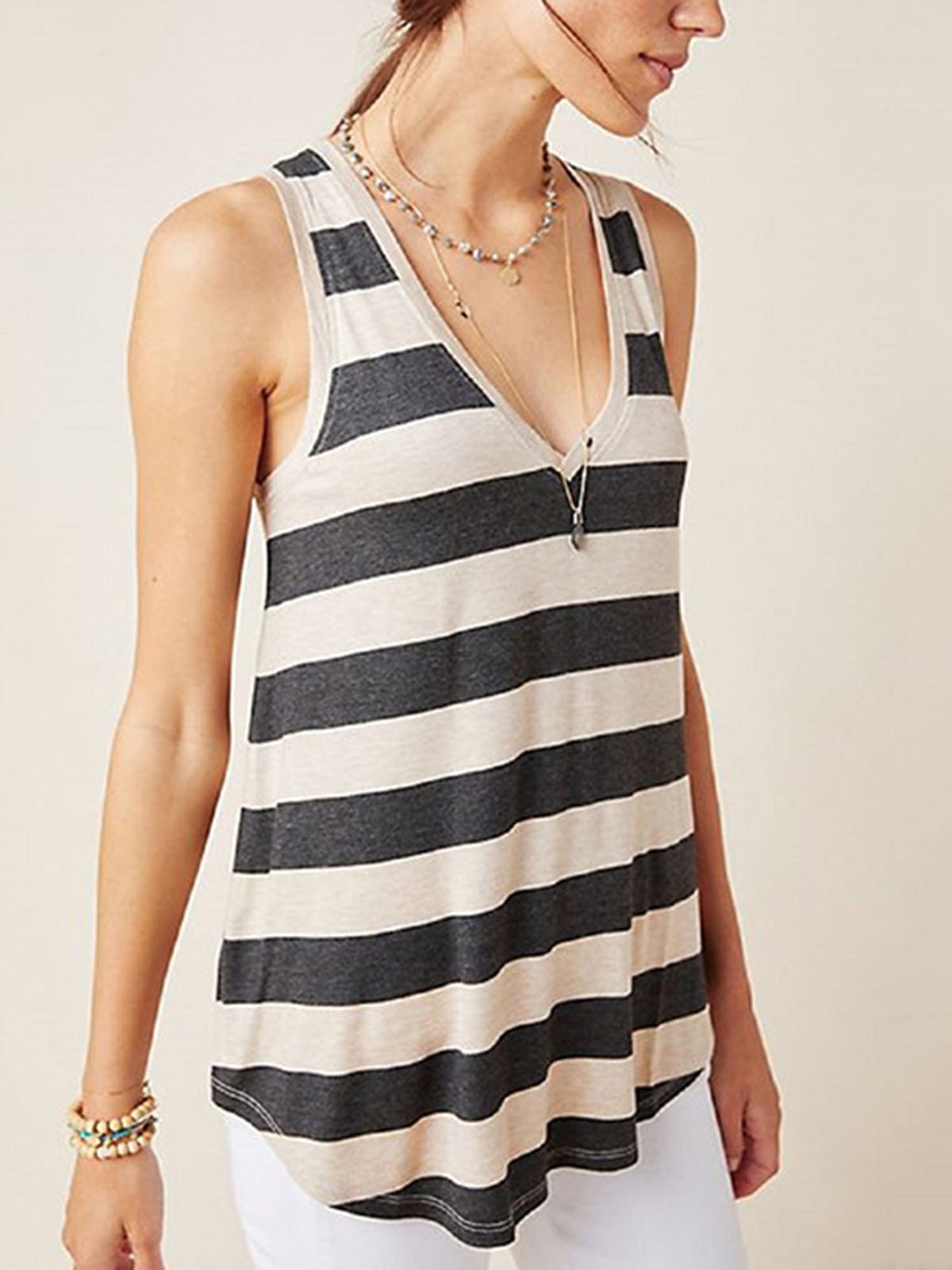 Black Casual V Neck Sleeveless Cotton-Blend Shirts & Tops