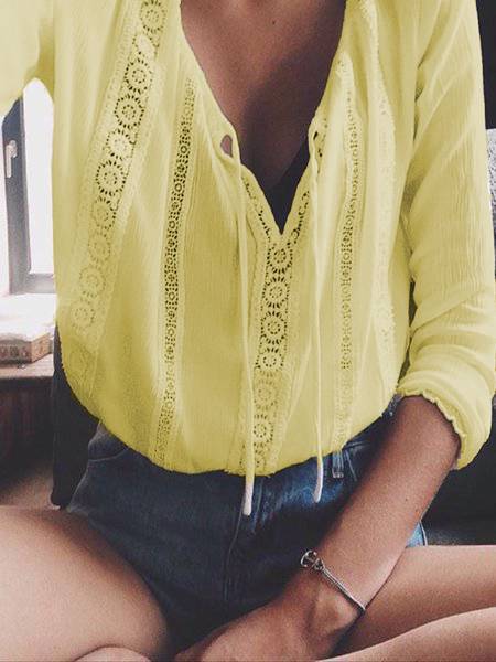 White V Neck Cotton Plain Casual Shirts & Tops