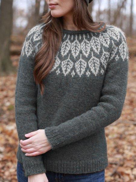 Leaf Printed Crew Neck Long Sleeve Sweaters