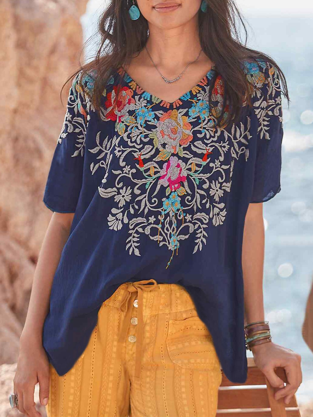 Vintage Shift Floral V Neck Shirts & Tops