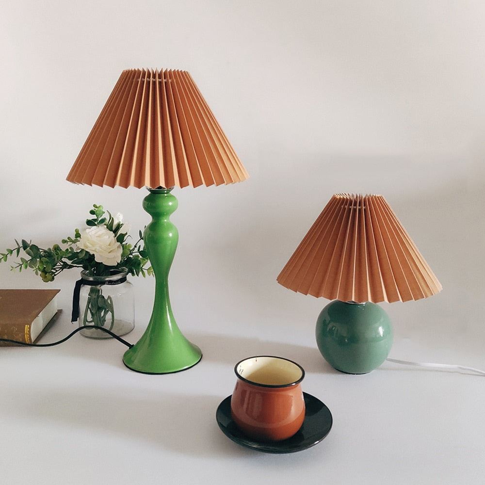 Bedside Lamps Japan Style Green Table Lamps with White Brown Pleated Fabric Shade