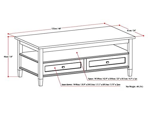 SIMPLIHOME Solid WOOD 48 inch Wide Rectangle Transitional Coffee Table