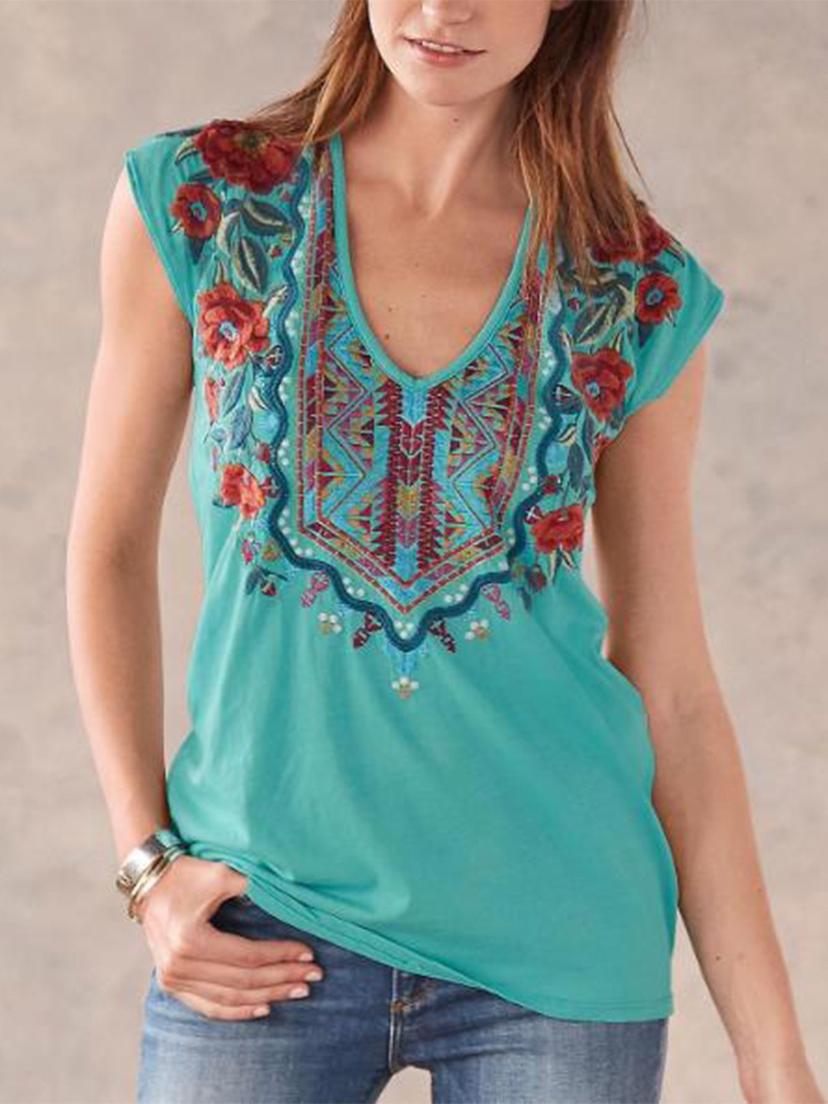 Casual V Neck Printed Sleeveless Shirts