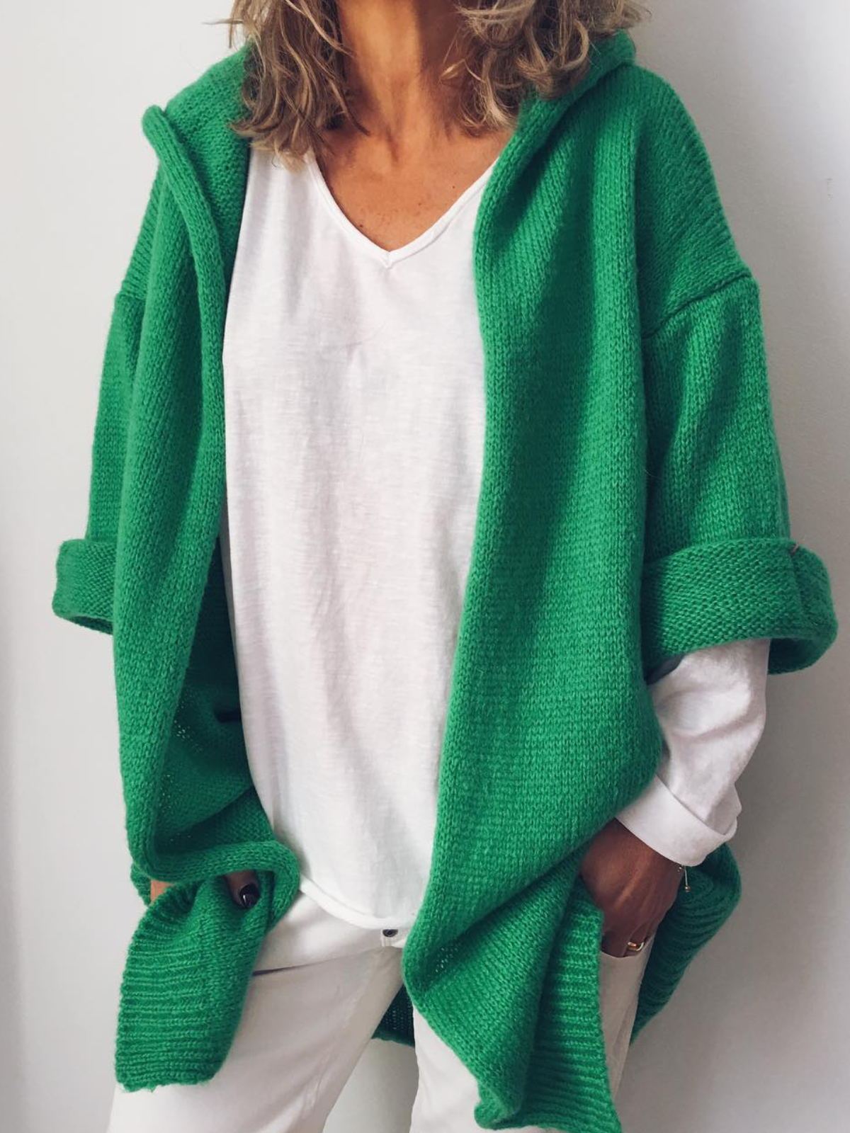 Plus Size V Neck Solid 3/4 Sleeve Outerwear