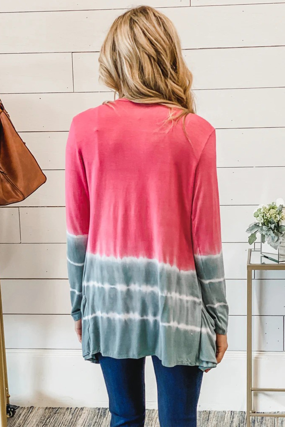 粉色长袖时尚休闲拼色中长款开衫