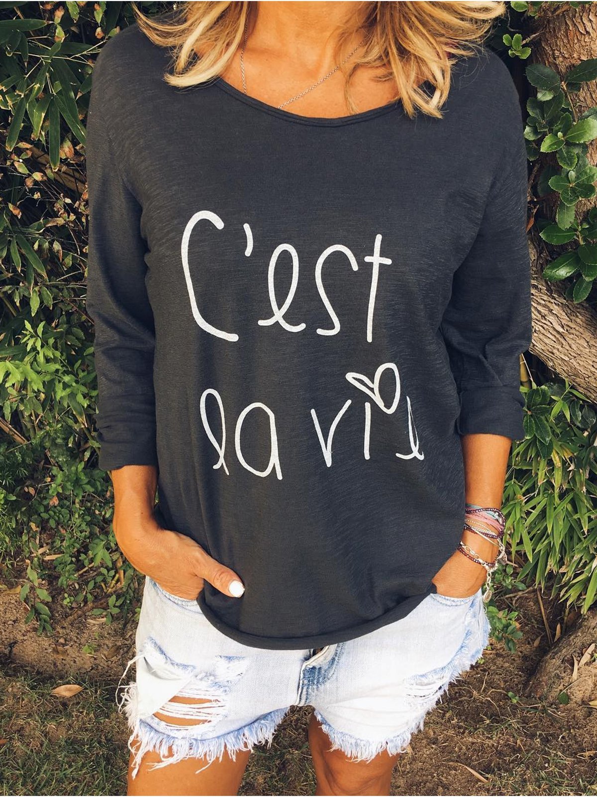 Long Sleeve Round Neck Cotton Shirts & Tops