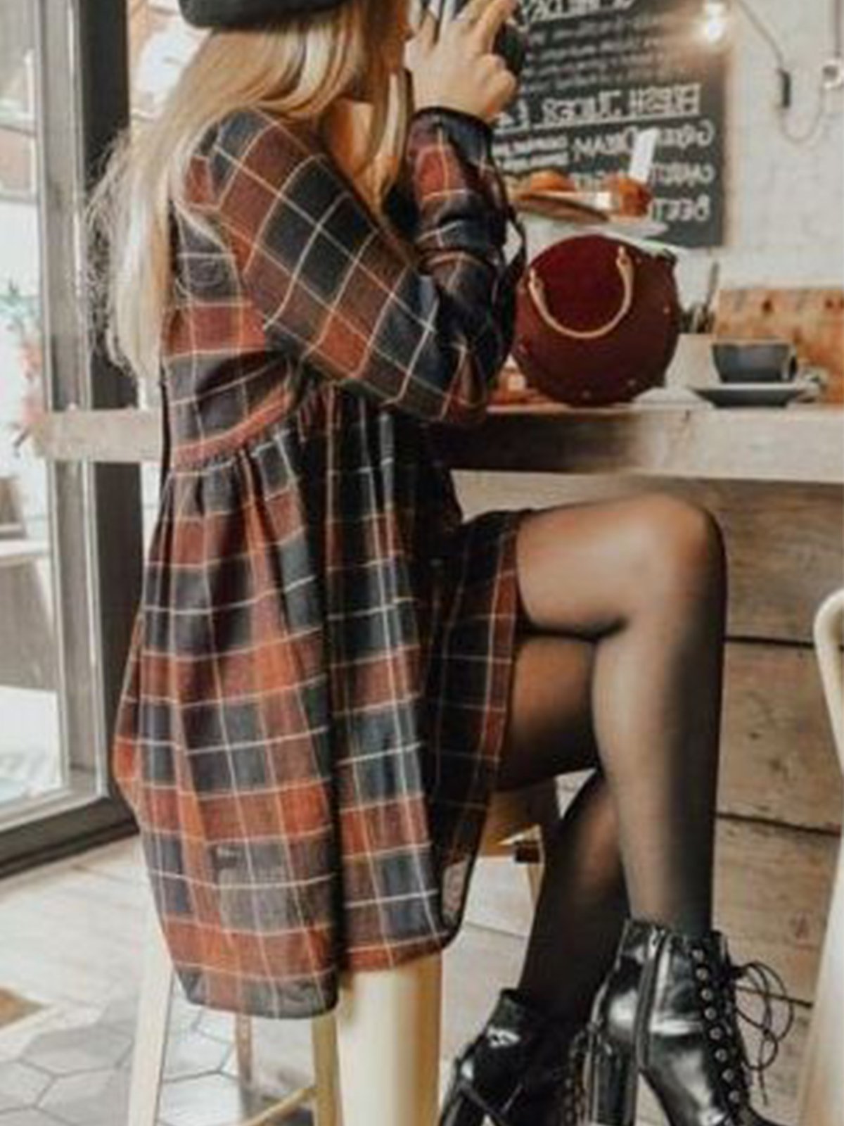 Deep Red Casual Shift Plaid Dresses