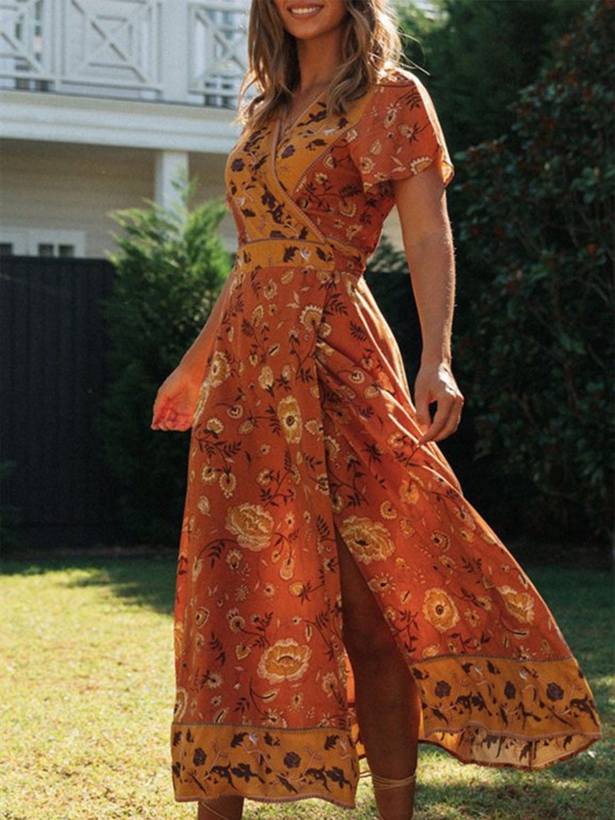 Yellow Floral-Print Short Sleeve Dresses