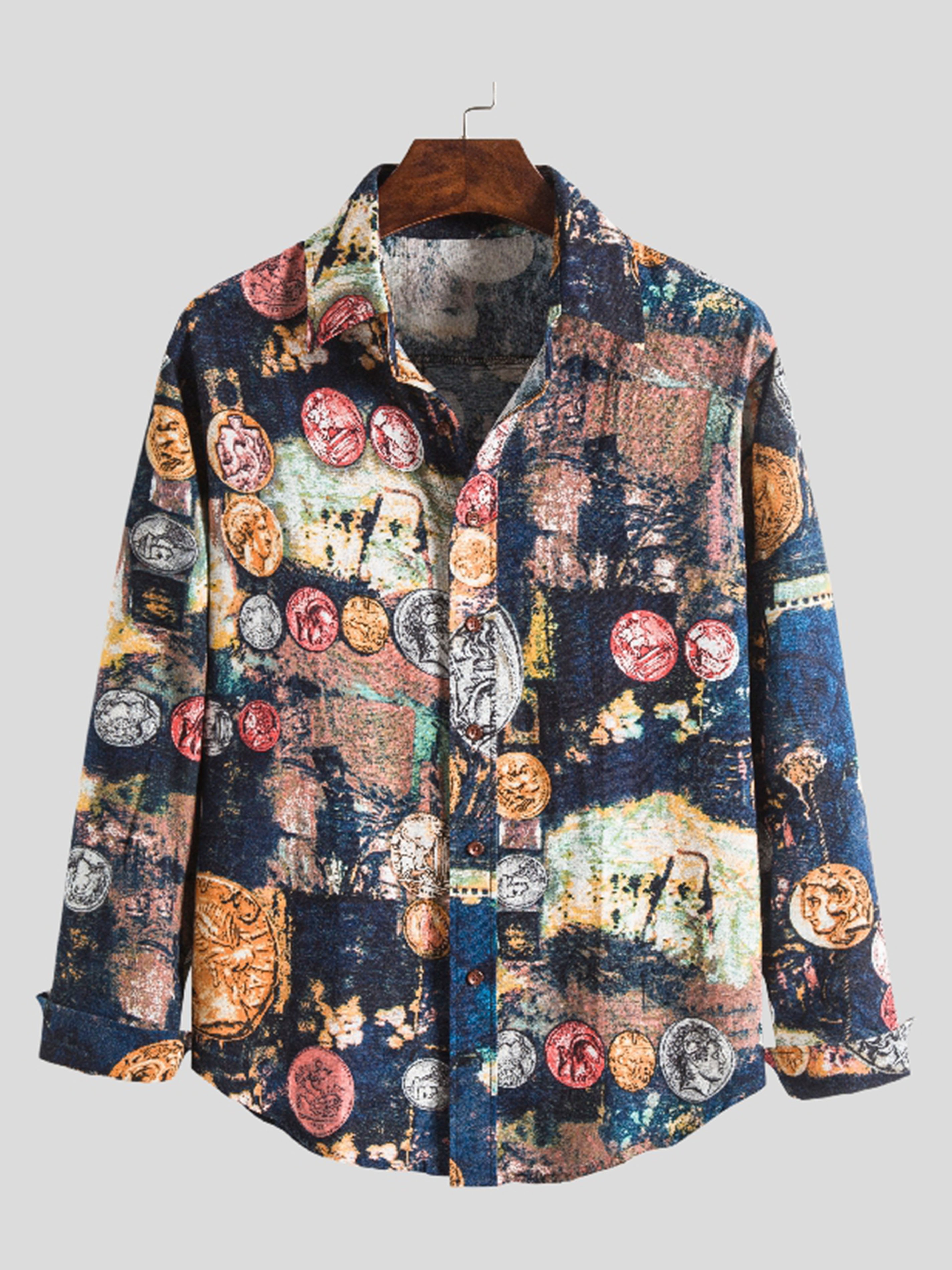 Men's Retro Printed Pattern Button Up Shirt