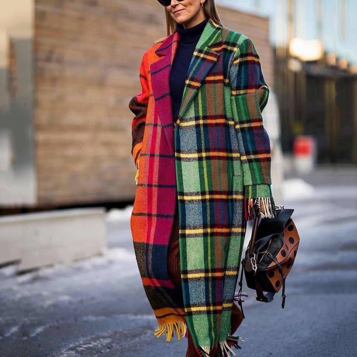 Fashion Lapel Collar Check Color Blocking Long Coat