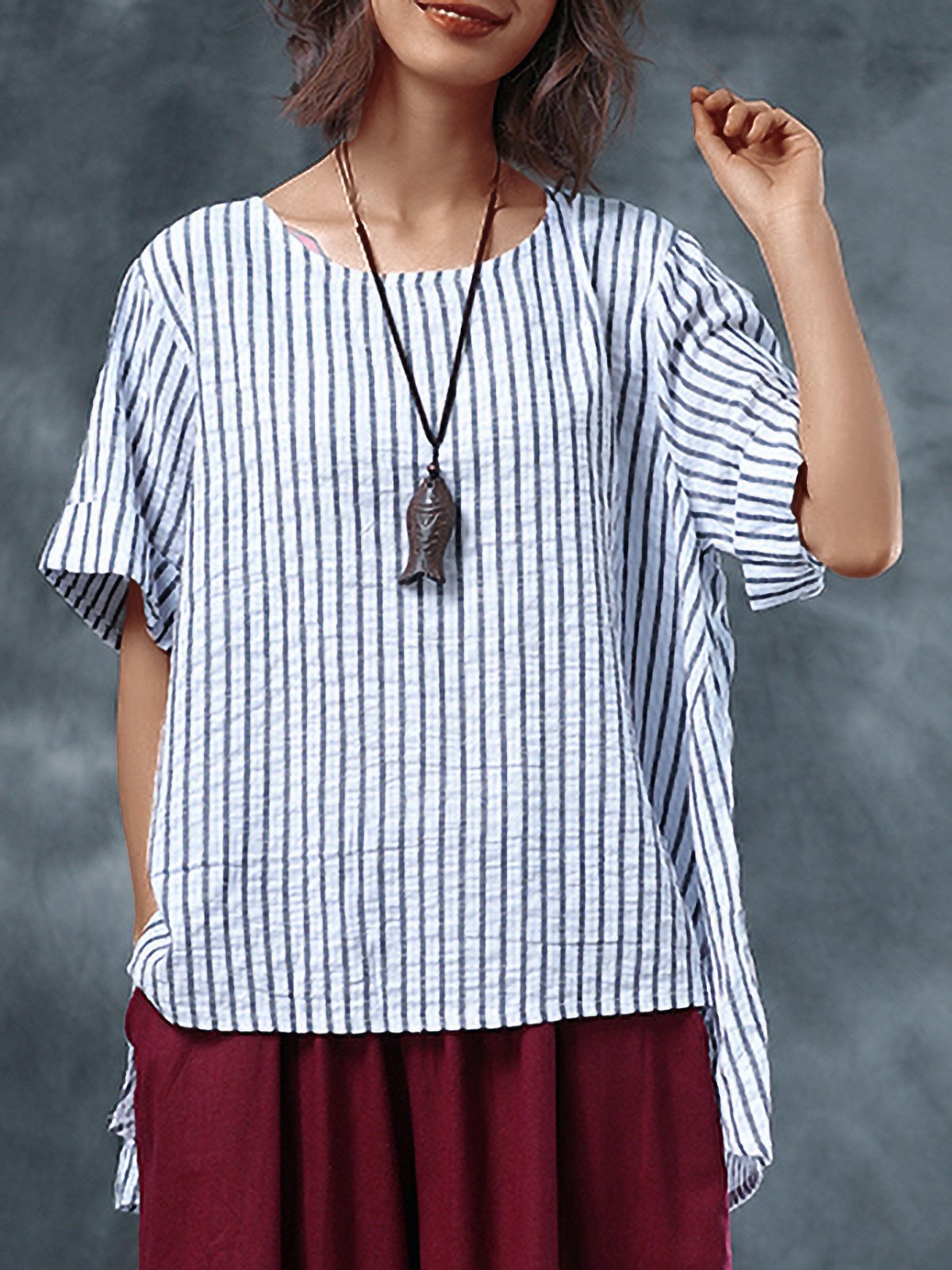 Plus Size Women Short Sleeves Round Neck Striped Loose Casual Tops