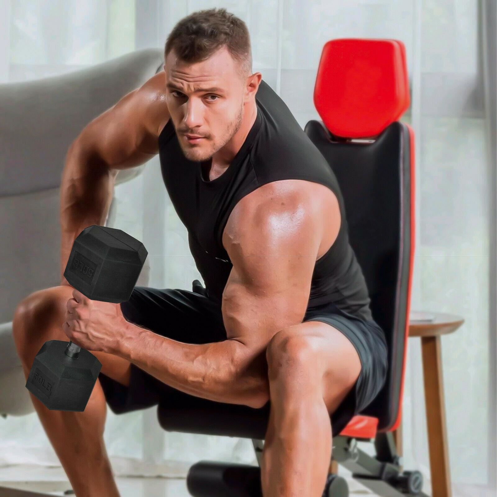 10Pair Rubber Dumbbells 5-50 lb with Dumbbells Rack Hexagonal Home Gym Equipment