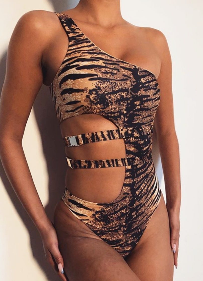 Print One Shoulder Cut Out Sexy Swimwear