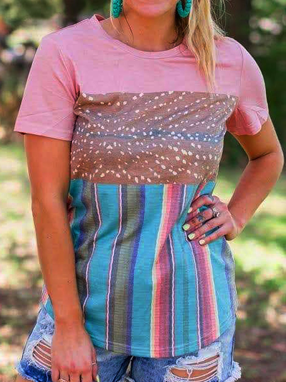 Crew Neck Geometric Short Sleeve Vintage Shirts & Tops