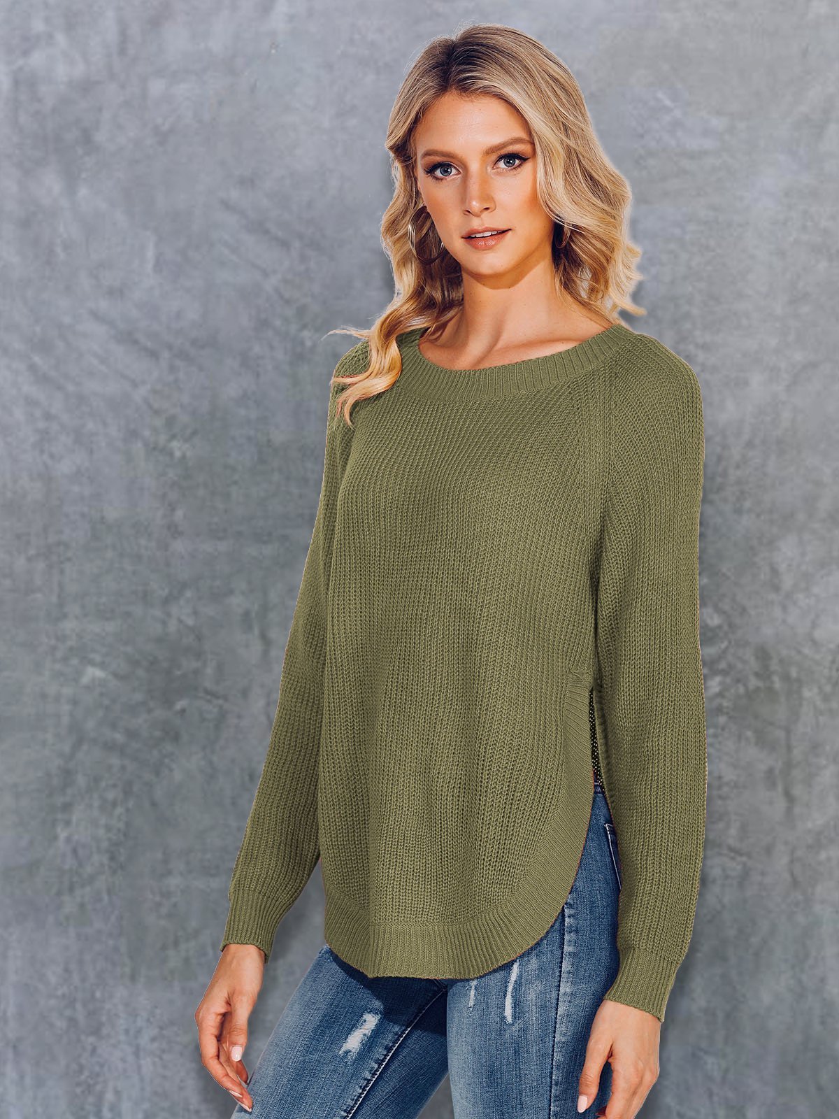 Long Sleeve Crew Neck Solid Sweaters