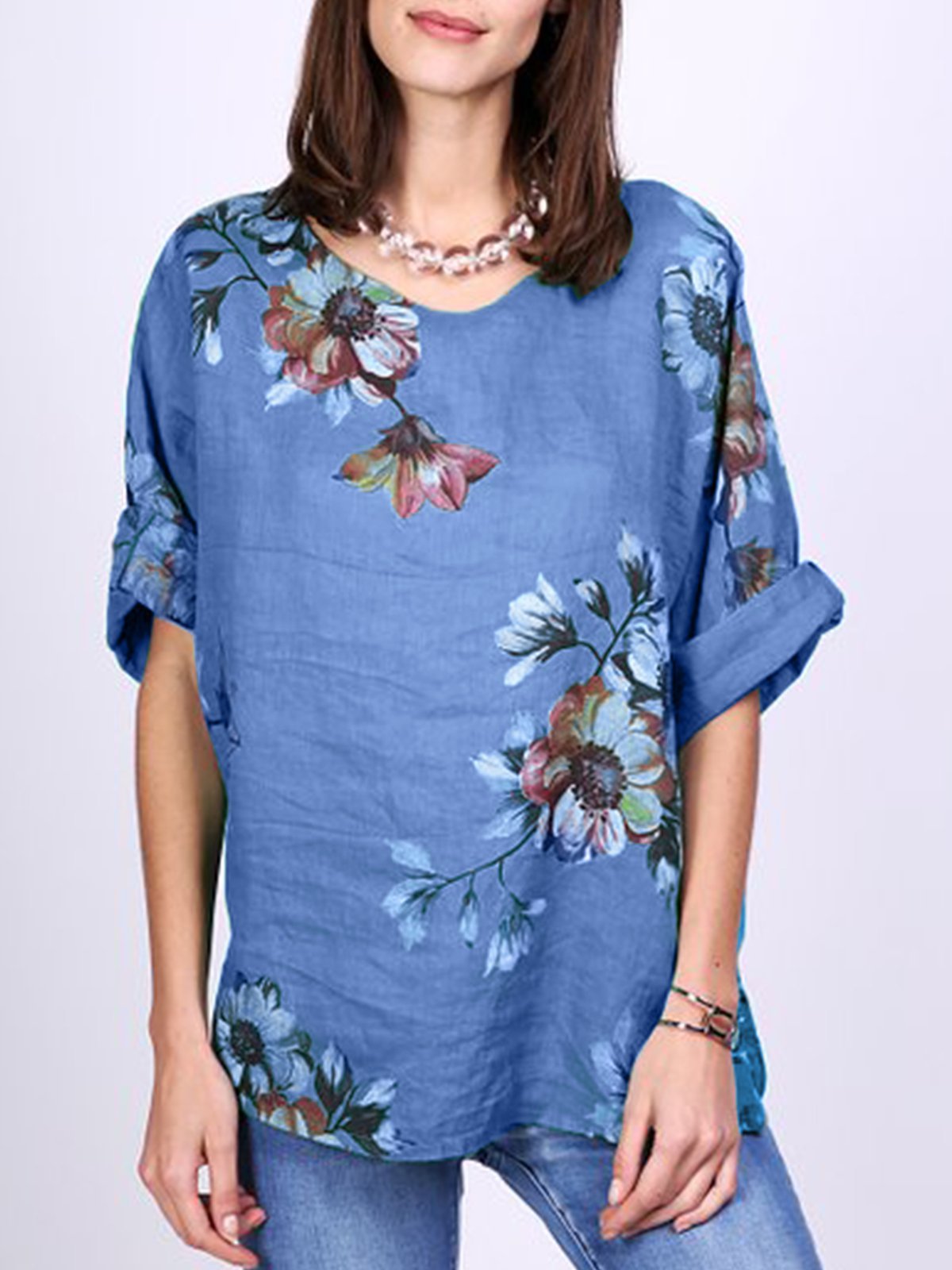 Vintage Floral Printed 3/4 Sleeve Shirt For Women