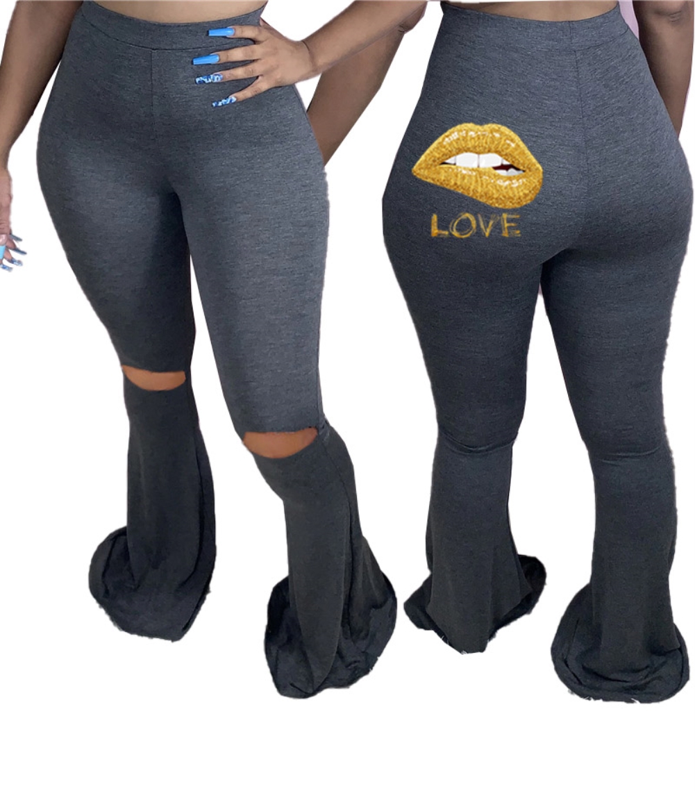 Lips Print High Waist Bell Bottom Ripped Trousers