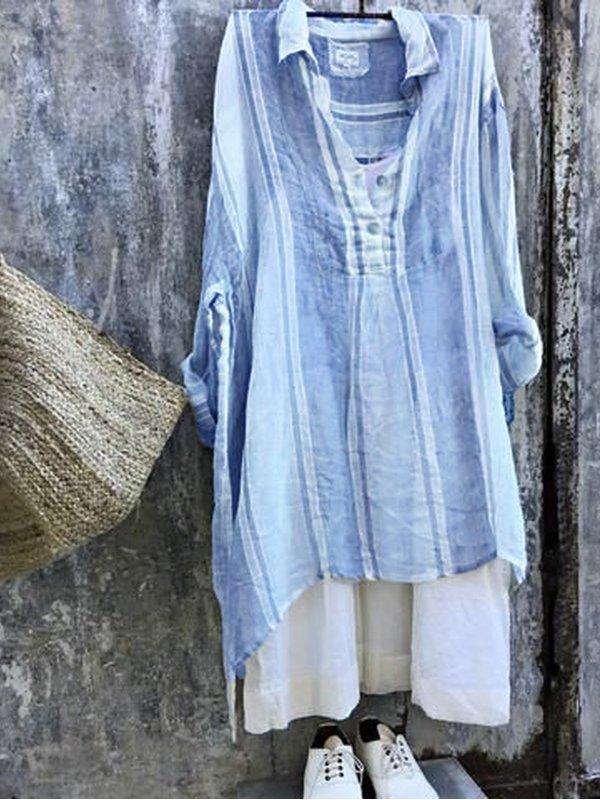 Shirt Collar Striped Casual Shirts & Tops