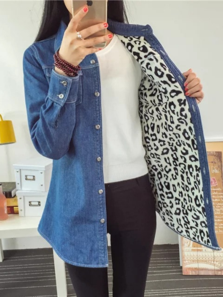 Leopard Lining Denim Shirt Collar Long Sleeve Outdoor Coat