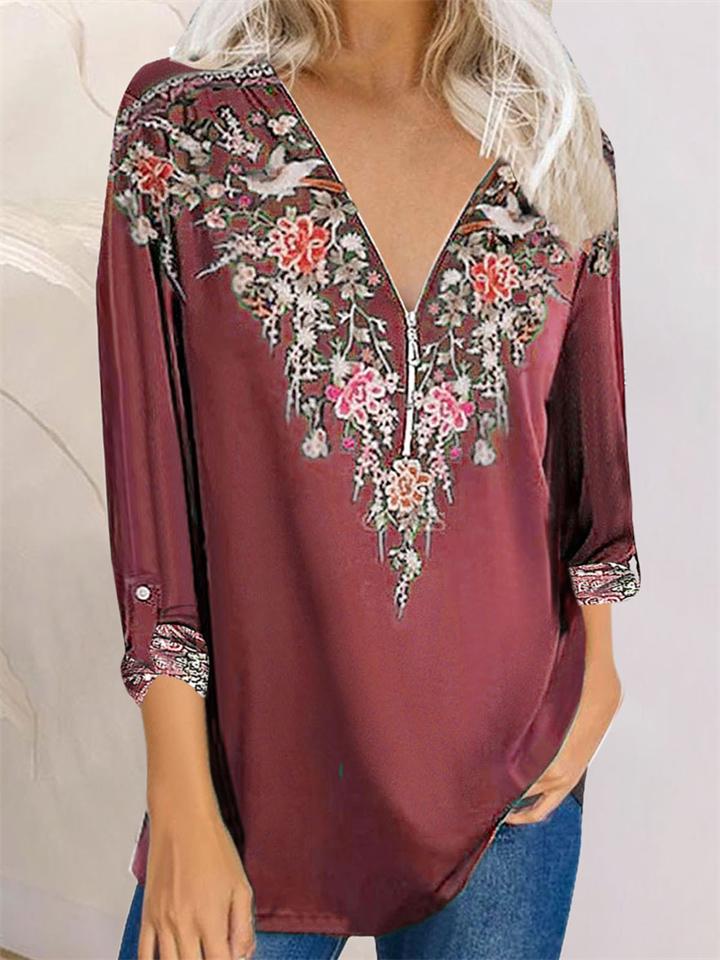 Retro Style Printed Temperament Zipper Long-Sleeved Deep V-Neck T-Shirt