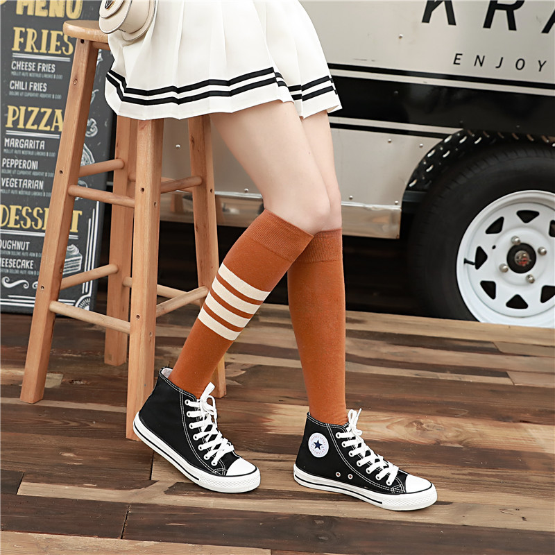 女士长袜 韩国全棉小腿袜 日系滑板袜及膝半截高筒袜三条杠长筒袜