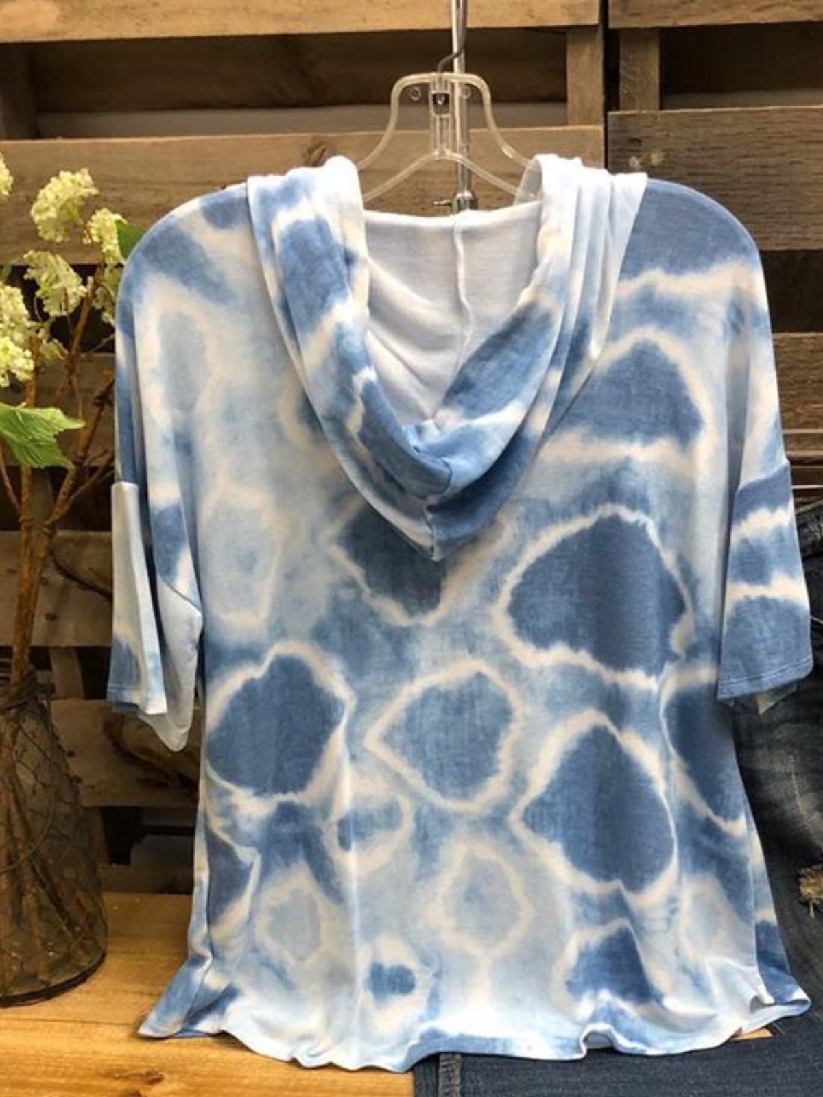 Blue Hoodie Short Sleeve Casual Pockets Shirts & Tops