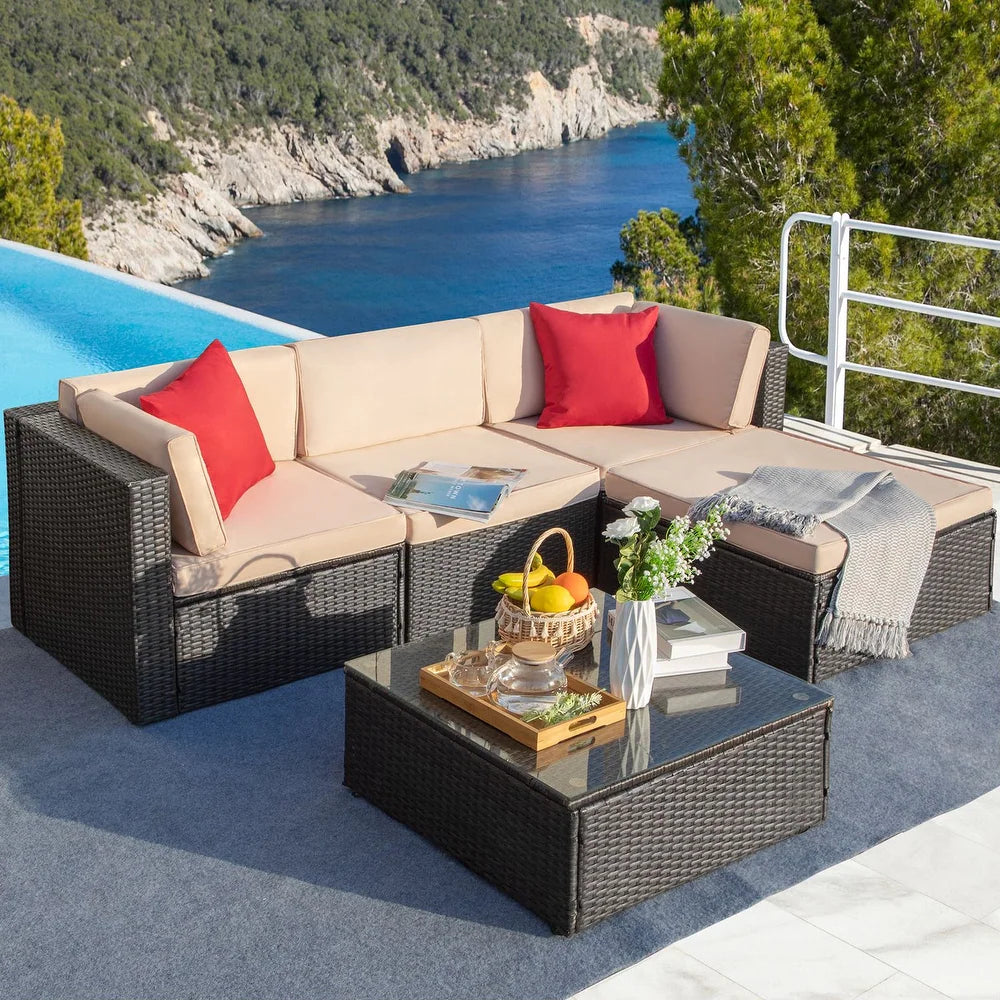 5 Pieces Patio Sets Outdoor Sectional Sofa Manual Weaving Rattan