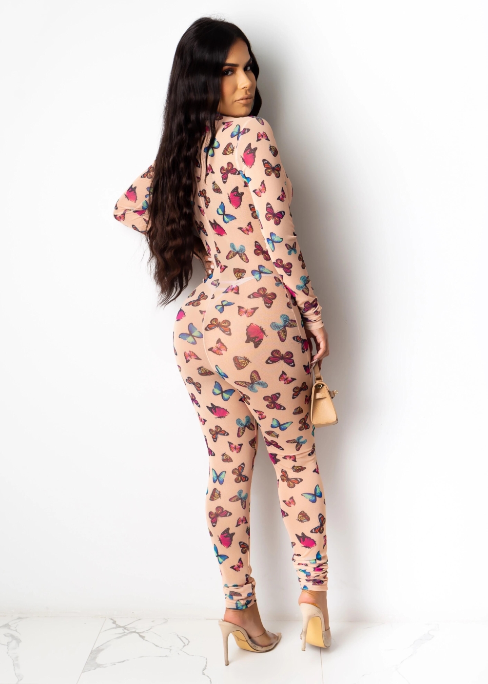 Butterfly Print Long Sleeve Zipper Bodycon Jumpsuit