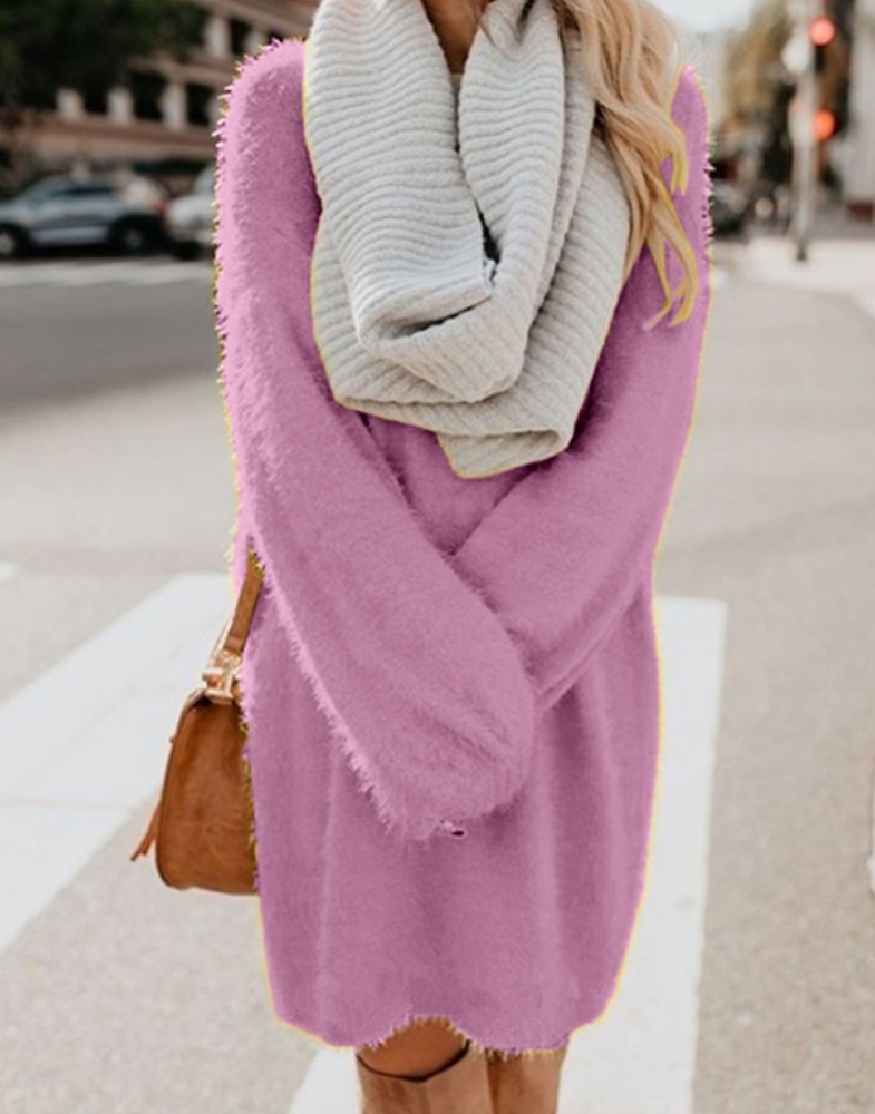 Solid Color O-Neck Long Sleeve Plush Dress