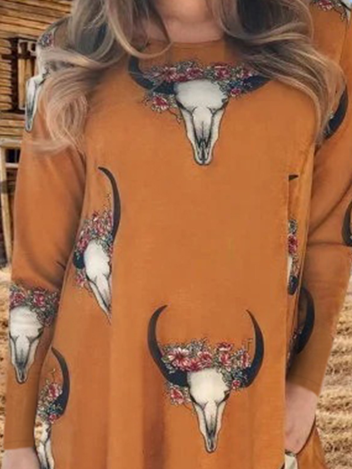 Boho Plus Size Long Sleeve Cow Printed Casual Dresses