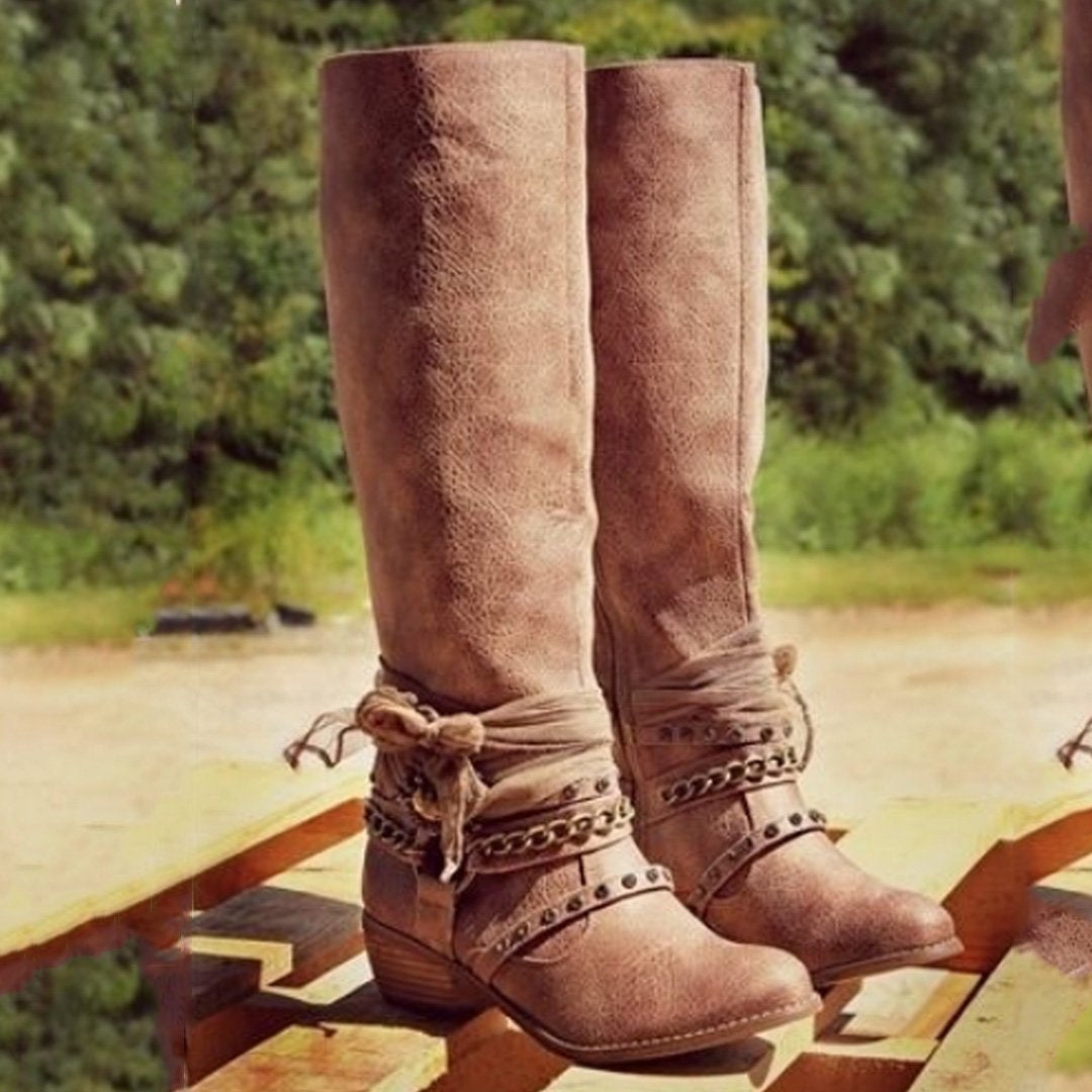 Winter Vintage Chunky Heel Buckle Strap Boots