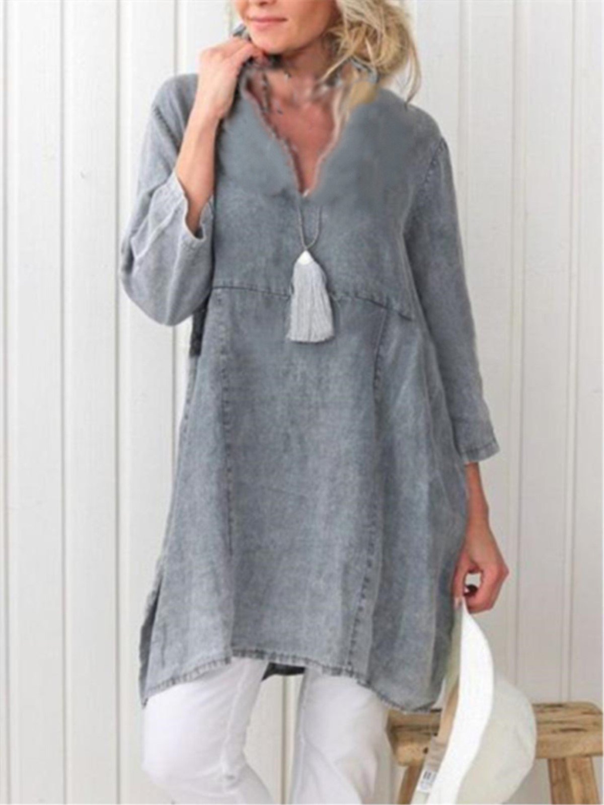 3/4 Sleeve V Neck Casual Plain Dress
