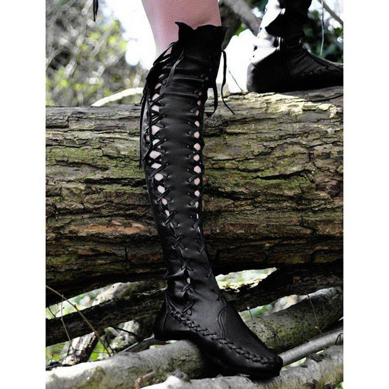 Women PU Booties Casual Lace Up Knee Length Flat Shoes