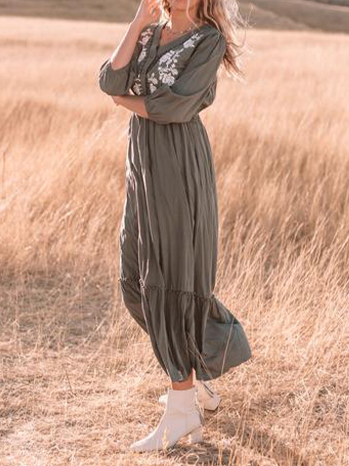 Boho Vintage Floral-Print Half Sleeve Dresses