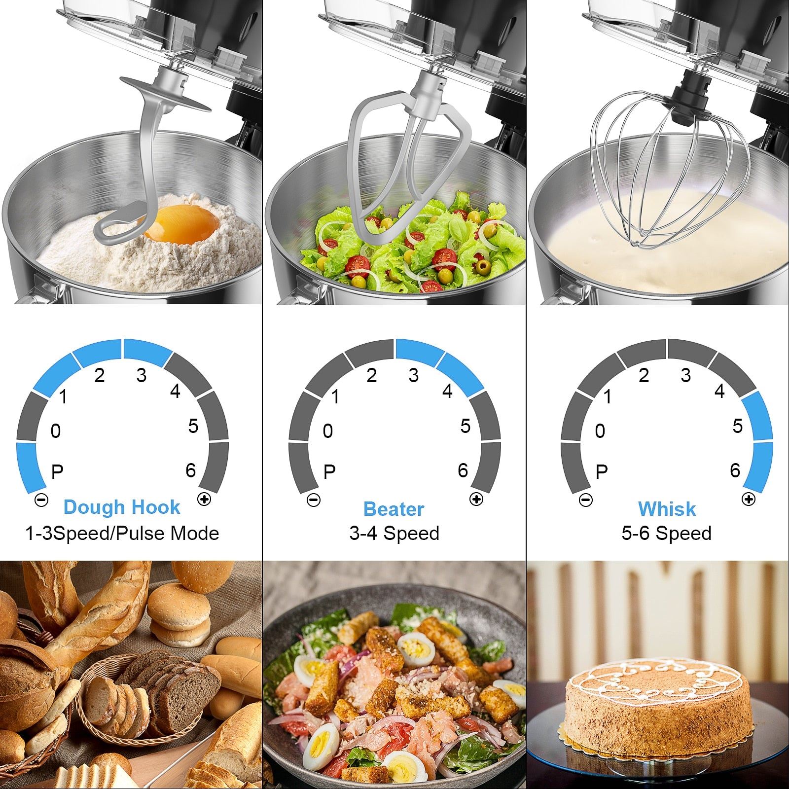 CWIIM Stand Mixer, 7.5 QT 660W 6 Speed Kitchen Mixer with Dough Hook Whisk Beater Splash Guard