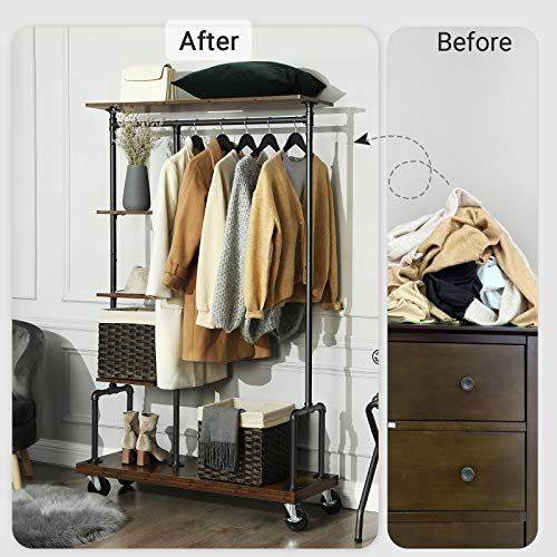 Industrial Pipe Style Clothing Garment Rack on Wheels with 5-Tier