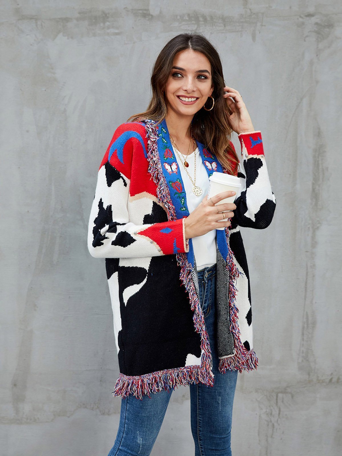 Red Shawl Collar Fringed Embroidered Cardigan