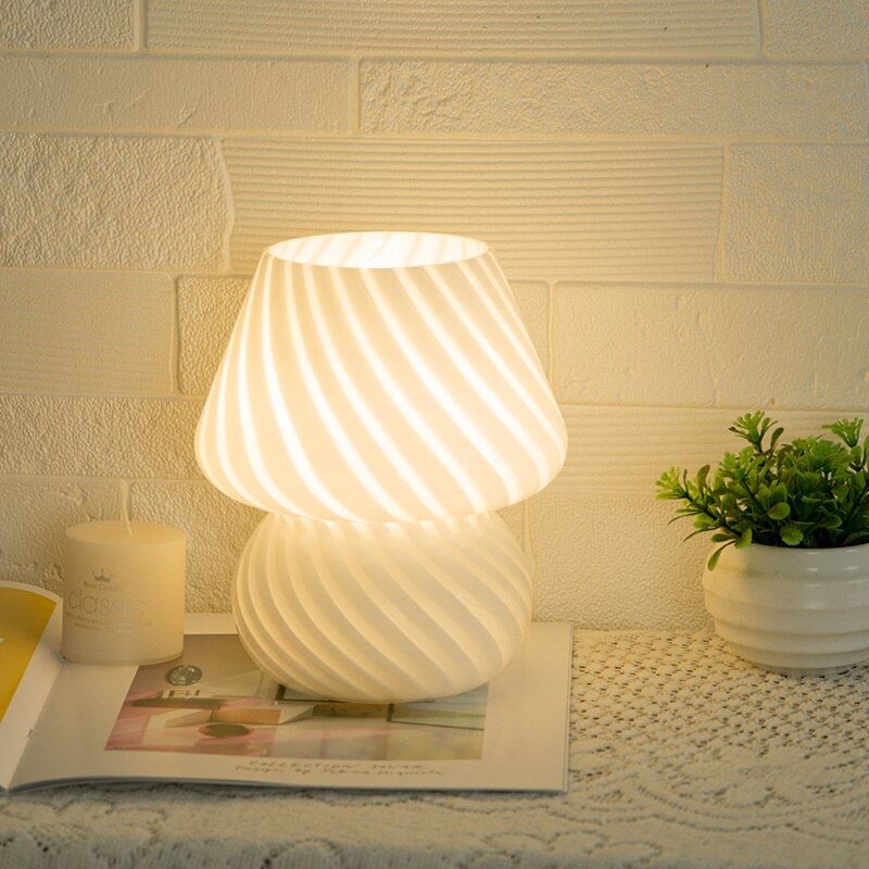 Glass LED Mushroom Table Lamp Bedroom Bedside Lampe Striped Mushroom