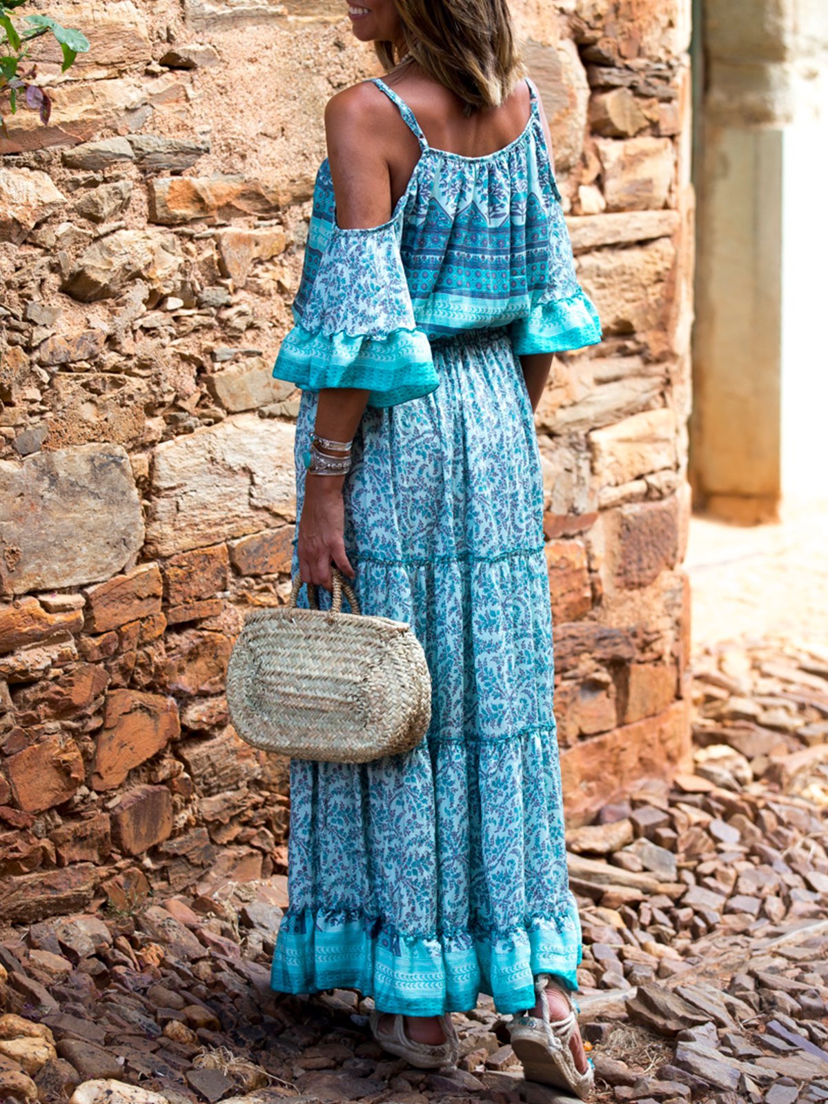 Sweet Swing Short Sleeve Off Shoulder Maxi Dresses