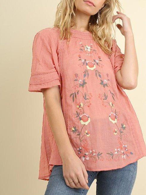 Floral Casual Short Sleeve Round Neck Shirts & Tops