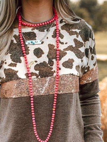 Brown Crew Neck Long Sleeve Cocoon Shirts & Tops