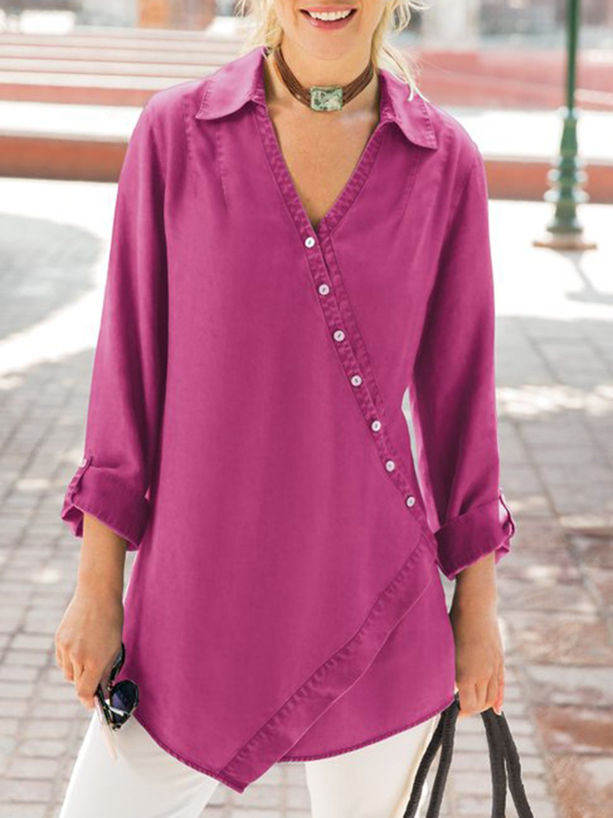 Fuchsia Shift V Neck 3/4 Sleeve Shirts & Tops