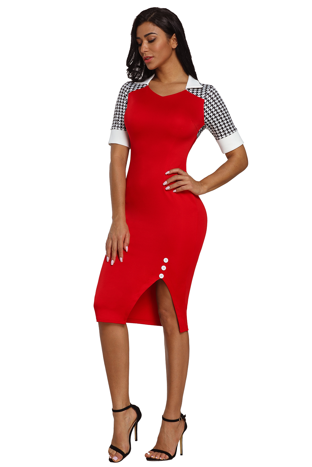 Houndstooth Patchwork Red Office Sheath Dress