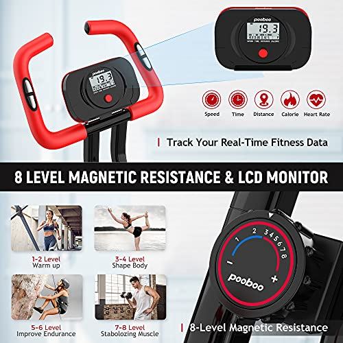 Pooboo Foldable Exercise Bike with Arm Resistance Bands- Black & Red