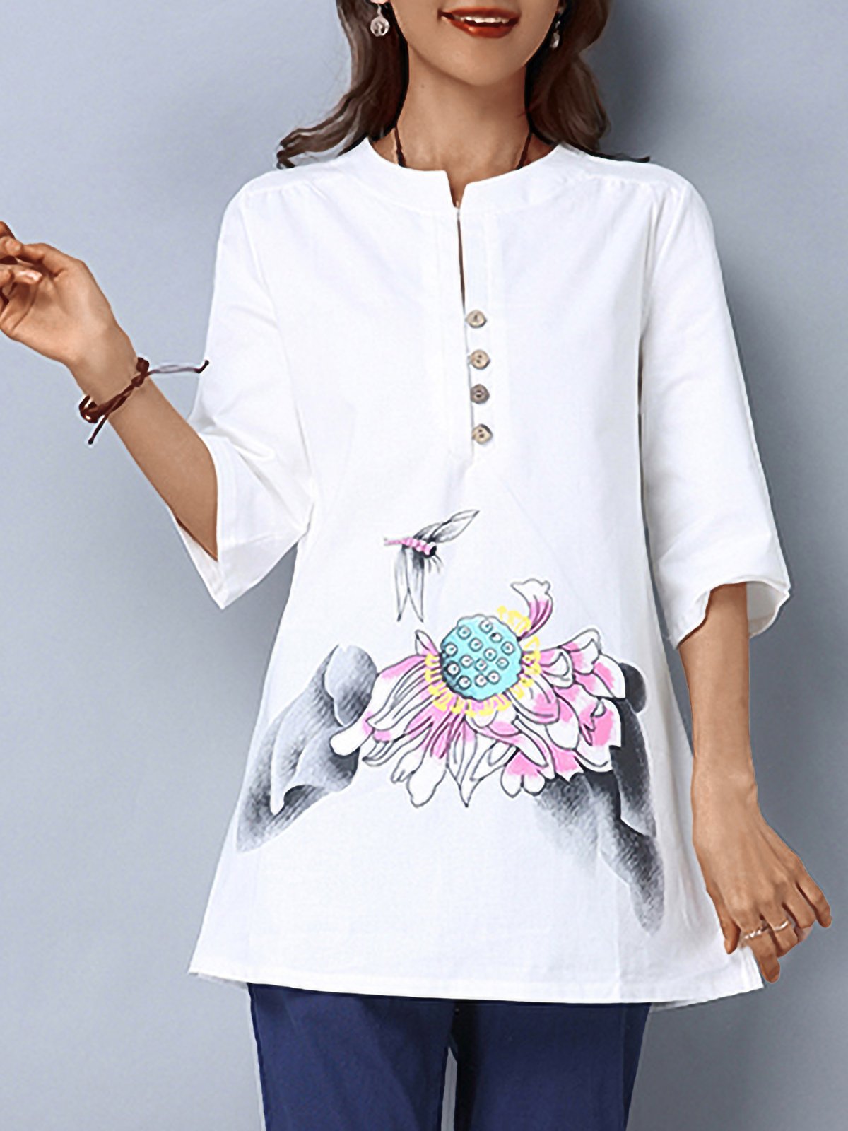 Plus Size Women Hand-painted V-neck Half Sleeves Midi Casual Tops