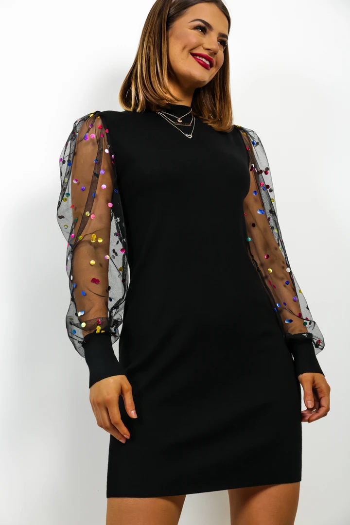 Black Mini Dress with Sequins Mesh Sleeves