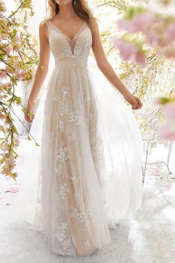 Sexy V Collar Lace Floral Embroidery Maxi Dress Eveing Dresses