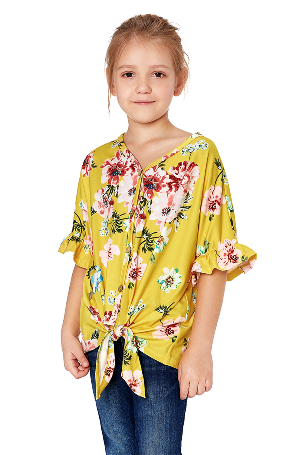 Yellow Floral Print Button Up Toddler Tunic